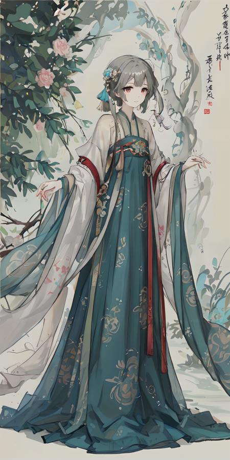 <lora:tang_hanfu:0.55>,(hanfu),(chinese clothes),((floral print)),((green magnificent print long sleeves)),((blue print see-through dress)),shukezouma, negative space, shuimobysim , portrait of a woman standing , willow branches, (masterpiece, best quality:1.2), traditional chinese ink painting, modelshoot style, peaceful, (smile), looking at viewer, song, willow tree in background, wuchangshuo, <lora:Moxin_10:0.5>