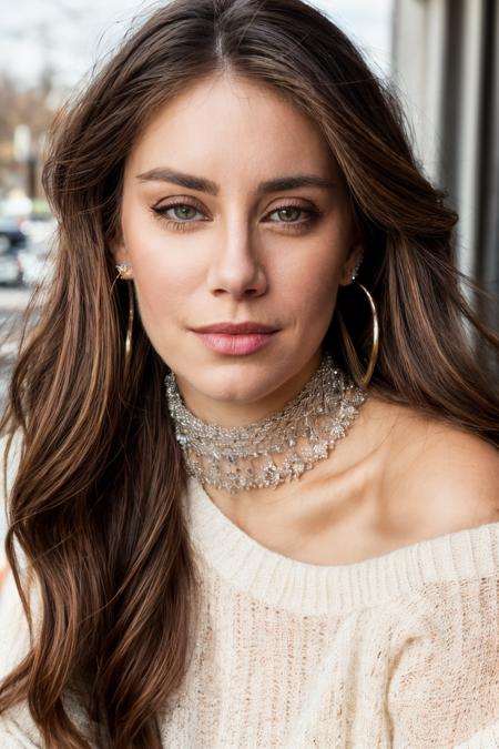 jnh piercing eyes, looking straight, very happy,long hair, wearing an off-shoulder sweater, choker, closeup portrait, in a outdoor cafe in 2015, afternoon light,  <lyco:JenniferH-RealVision-V1.0:1.0>