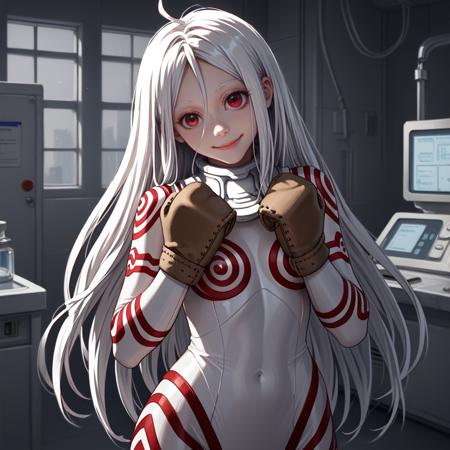 shiro \(deadman wonderland\),albino,white hair,cowlick,white eyebrows,colored eyelashes,red eyes, collar,white bodysuit,skin tight, brown mittens,