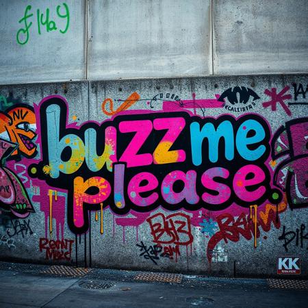 "A vibrant and colorful graffiti wall in an urban setting, featuring bold and stylized text that reads 'buzz me please', spray-painted with dynamic drips and splatters, surrounded by intricate graffiti art, tags, and abstract designs, realistic texture of concrete wall, vibrant neon colors, high contrast, urban atmosphere, gritty yet artistic, photorealistic details, 8K resolution, cinematic lighting, capturing the essence of street art culture, raw and edgy vibe, perfect composition, ultra-detailed, ultra-sharp focus, stunning visual impact."