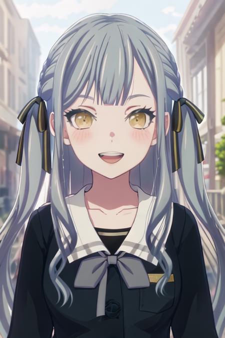 togawa_sakiko_bangdreamitsmygo long_hair, ribbon, hair_ribbon, bangs, blush, black_ribbon, yellow_eyes, grey_hair, sidelocks, portrait, closed_mouth, smile, indoors, blurry, blue_hair