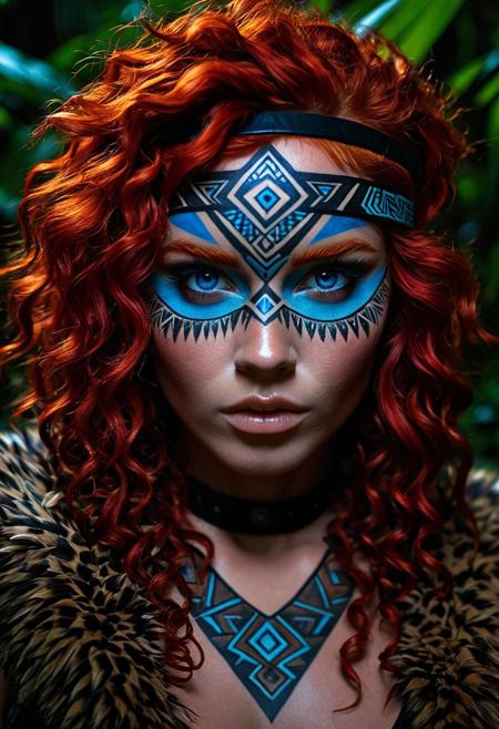 (Extreme close-up portrait:1.3), fierce tribal huntress with vibrant fiery red curly hair, intricate geometric primal tattoos symmetrically covering her skin, striking blue eyes, (prominent scar across eyebrow and eye:1.2), leather headband on forehead. Dressed in revealing fur clothing, peering intensely through dense jungle foliage at night. Dramatic chiaroscuro lighting, moonlight casting sharp shadows, atmospheric, hyperdetailed skin, sharp focus, (cinematic shot:1.1), primal aesthetic, (wild, untamed look:1.1), depth of field.