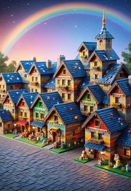 mad-shingles, Masterpiece, ultra-detailed, best quality, highres, absurdes, amazing quality, 8K, absolutely eye-catching, rainbow colors, stuffed animals, lego, city,  lights, night, stars,