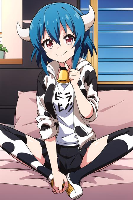 masterpiece, 1girl, minos \(jashin-chan dropkick\), sitting, horns, cowbell, cow print, thumbs up, fang, smile, best quality