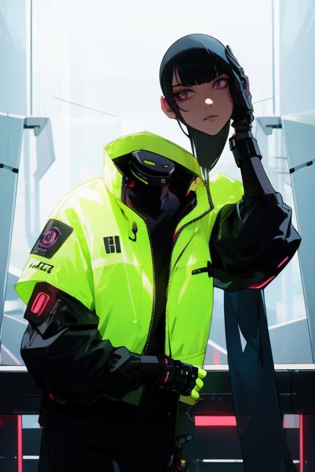 headless,holding head, disembodied head,neon,from side,leaning forward, extended arm,cyber jacket, futuristic room,masterpiece,cyber details, dark atmosphere, illustration, <lyco:EnvyBetterHands LoCon:0.8> <lora:db-last-000034:1>