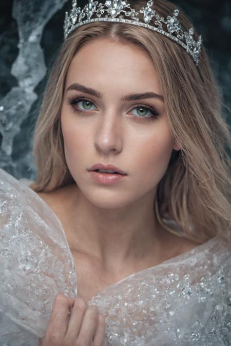 best quality, masterpiece, photorealistic, ultrarealistic,  professional photograph shot on Canon EOS R6, 80mm, moody lighting,  (beautiful 24 yo swedish girl:1.05), ic34rmor, see through, ice background, solo, detailed eyes, beautiful, looking at viewer, strapless, tiara made of ice, ice palace, ice runes, ice incantation, white thighhighs, sheer cape, (midair, floating, action shot:1.2) BREAK (blonde hair, mid parted hair, straight hair, long hair:1.2), blush, beautiful green eyes, forehead <lora:epi_noiseoffset2:0.5> <lora:GoodHands-beta2:1>  <lora:Clothing - Ice Armor:0.5> <lora:bogus:0.5> <lora:breastsizeslideroffset:1>