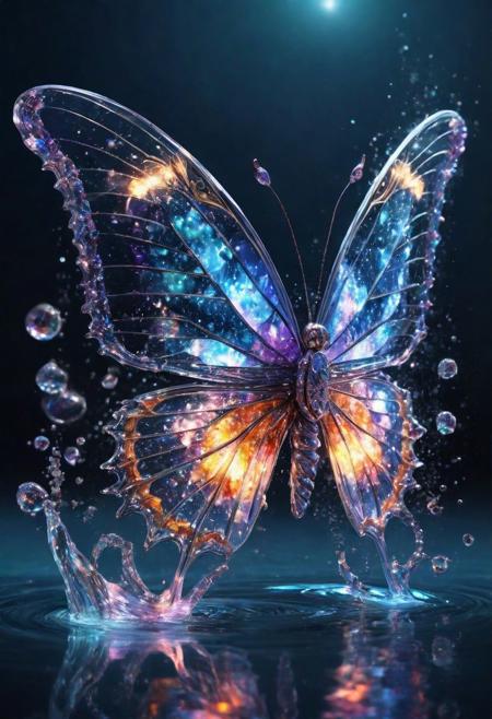 Masterpiece. Realistic. Transparent Beings. Everything in this universe is made out of sparkling crystals. A Butterfly landing on water. Water explosions.