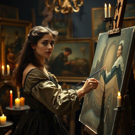 Reneissance painter woman painting in her 18th century art studio which is dimly lit by candles. she has determined look and moving her paintbrush across canvas, her studio is full of different finished and unfinished paintings, masterpiece, dramatic light.