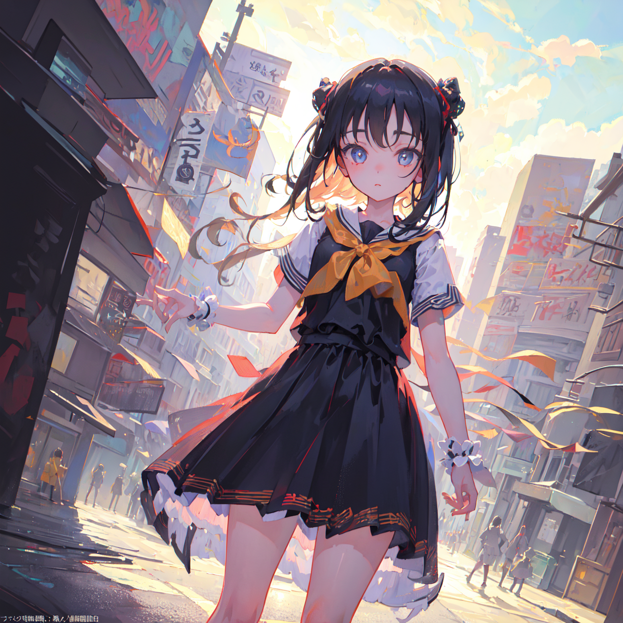(masterpiece,best quality:1.4),ultra-detailed,illustration,
(solo,1girl,loli:1.2),
sity, street, vehicle,