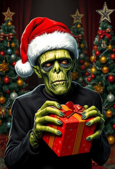 Frankenstein’s Monster wearing a Santa hat and holding a Christmas present in front of decorated Christmas trees. Looking at viewer.