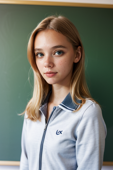 AndreaFrolikova-300, ((upper body)), 1980s high school campus vibe, preppy style, vintage varsity jackets, pastel polo shirts, locker-lined hallways, retro classroom decor, old-school chalkboards, filmic grain and soft focus, youthful energy, carefree moments, analog nostalgia