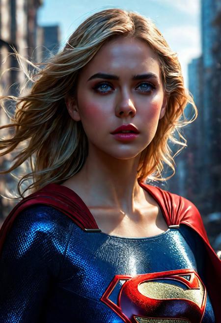 High resolution ultra-realistic of Beautiful bloody Supergirl fighting against alien invasion, cinematic style, standing on a bloody and stormy battle in a destroyed city in a fighting pose, bloody and dirty, realistic blue combat costume, red mini skirt, red cape, perfect athletic figure, wavy blonde hair, handsome bloody face, beautiful perfect detailed pupils, wet oily shiny skin, covered in dirty and blood, beautiful firm Breasts, defiant and seductive, attractive 21 year old Supergirl, 8k resolution concept art portrait by Greg Rutkowski, Kiernan Shipka, Dark Gotham City, Artgerm, WLOP, Alphonse Mucha, dynamic lighting, hyperdetailed, intricately detailed, Splash art trending on Artstation triadic colors, Unreal Engine, 5 volumetric lighting, Cinematic Lighting, intricate, smooth, sharp focus digital painting, Asymmetrical Balance, realistic eyes, ultra detailed atmospheric details, sparkle effects, realistic body proportions, beautiful body Supergirl proportions, complex masterpiece, dramatic atmosphere