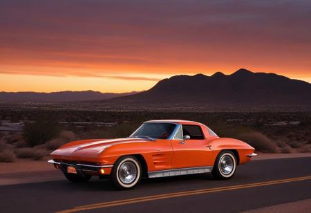 motor vehicle, no humans, car, outdoors, scenery, road, sky, orange sky, vehicle focus, sunset, desert, mountain, shadow, evening, gradient sky, building, red sky, city, cloud, twilight, rock, dusk, landscape, mountainous horizon, grass, sports car, cityscape, hill, (1963 Chevrolet Corvette)