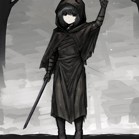 miranda, (multiple belts:1.3), (brown:1.2) belts on outfit, standing, full body, waving, expressionless, boots, black hair, black eyes, black dress, black gloves, (brown:1.3) hooded cloak <lora:miranda:0.9>, nice hands <lora:blackSouls_5:0.7>