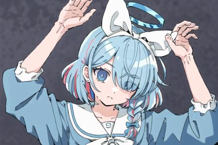 <lora:Phony:0.9>, phony, 1girl, solo, looking at viewer, simple background, upper body, grey background, arms up, bunny pose, arona, 1girl, white hairband, bow hairband, halo, short hair, single braid, school uniform, blue shirt, white sailor collar, long sleeves, white bowtie, white choker <lora:aronaBlueArchive_v1:0.6>