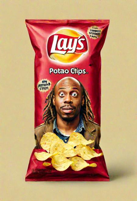 Portrait, studio photograph,  Dave Chapelle character: tyrone Biggums, funny crack addict from Chappelle Show, Dave Chapelle on hiS likeness, Chapelle Dave stand up comedian,Lay's potato chips customized to clearly display "Euro Crack" , Portrait studio comedy photograph of Tyrone Biggums, zany emaciated crack addict from Chappelle Show, jovially holding a single bag of Lay's potato chips customized to clearly display "Euro Crack" flavor text, wacky exaggerated expression of manic glee, meth-addled twitchy mannerisms played for laughs, wild bugged-out eyes, oversized ill-fitting tattered red coat, dingy white tank top askew, ripped baggy jeans, untied scuffed boots, stringy unkempt greasy hair sticking out, sunken cheeks and hollowed features amplified to humorous effect, yellowed rotting teeth bared in a crazed grin, overgrown scraggly beard, photorealistic lighting of professional brand studio highlighting hilarious disheveled appearance, 4k uhd resolution, masterpiece quality portrait capturing satirical hilarity