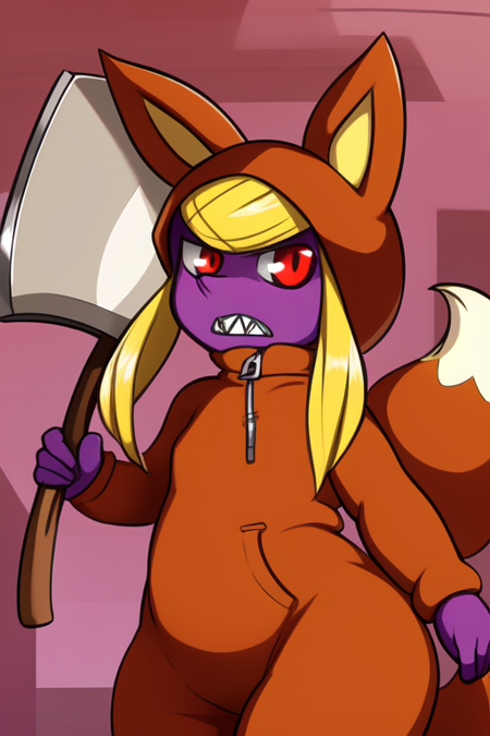 JennyFox, sharp teeth, red eyes, purple skin, colored skin, blonde hair, onesie, fox tail, fox ears, pointy nose, long hair, hood, slit pupils