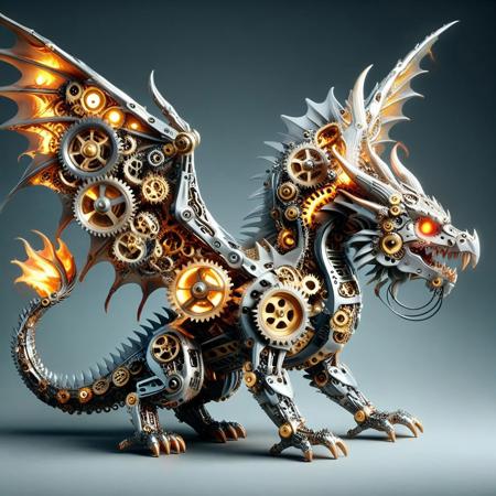 a dragon sculpted from overlapping gears in various alloys, wings rotating on exposed piston hinges, jaw clicking open with rotary precision, tail composed of segmented crankshafts, eyes glowing with thermal coils, g3ars, made out of gears