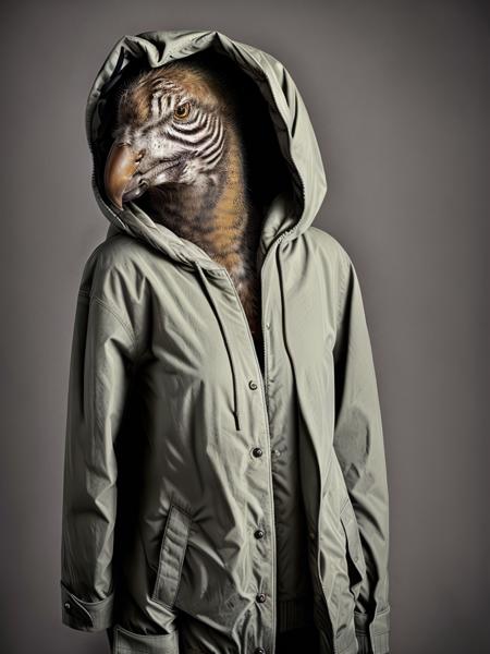 <lora:AnimalClothes:1>a bird wearing a jacket with a hood on it