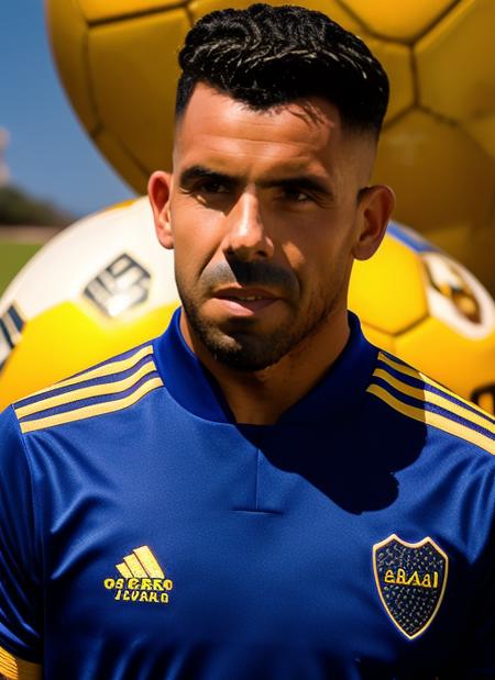 portrait of sks man (tevez:1), serious look with very short hair, football jersey with blue and yellow colors, holding a (soccer ball:1.3), (outdoors:1.2), natural lighting, 4k, 8k, 8k realistic, sharp focus, intricate, high resolution  <lora:tevez:1>