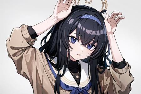 <lora:Phony:0.8>, phony, 1girl, solo, looking at viewer, simple background, upper body, grey background, arms up, bunny pose, (masterpiece, best quality:1), bags under eyes, bangs, black hair, blue eyes, halo, blue hairband, brown cardigan, long hair, white serafuku, white skirt, <lora:KozekiUiBlueArchive_10:0.7>