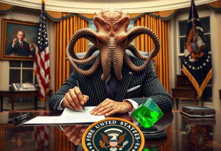 president cthulu in a sharp pin striped suit posing for presidential portrait in the oval office, real photograph, signing bill, empty eyes, lovecraftian, vote for cthulu photorealistic, correct hands, correct fingers, seal of the president of the united states, ad to vote, republican, election, decorative green otherworldly crystal on desk