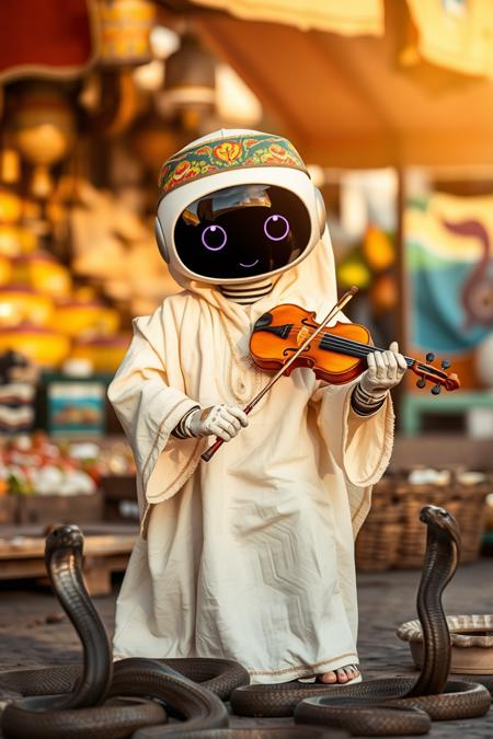 realistic photo of a cute round robot dresses as Moroccan snake charmer, charming snakes with a violin, exotic market, hot weather, sunshine and shadows,