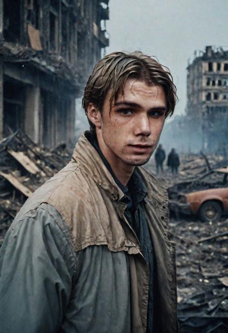 Photo of a man who is standing looking at how his city has been destroyed by a nuclear bomb. He has just arrived at the disaster and observes the horror of the destruction, ruined buildings full of smoke and flames, ground full of rubble with skeletons lying around In the dawn light floods the scene, the man is completely dressed in normal clothes and wet, he is dirty, everything is a disaster, the sky is cloudy and it is raining, , Fujifilm XT3,film still,film grain,cinematic,soldier accessories,war style, professional photo,best quality and best aesthetic,Award-winning artistic photos,Outdoors,public places,( detailed in background:1.6)Perfil,18-20