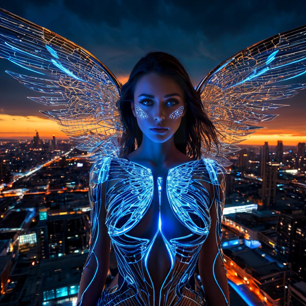 long shot scenic professional photograph of A surreal portrait of a woman whose body is being torn apart by glowing, metallic wings, each wing intricately detailed with sharp, angular patterns. Her skin is stretched and torn as the wings burst from her back, glowing with a bright, electric light. Her face is calm, but her eyes are glowing blue orbs, filled with a faint, mechanical light. Her hair is made of thin, metallic strands that twist and coil like living wires. Behind her, the background is a vast, futuristic cityscape of towering skyscrapers and glowing neon lights, with massive, mechanical wings floating in the sky., perfect viewpoint, highly detailed, wide-angle lens, hyper realistic, with dramatic sky, polarizing filter, natural lighting, vivid colors, everything in sharp focus, HDR, UHD, 64K