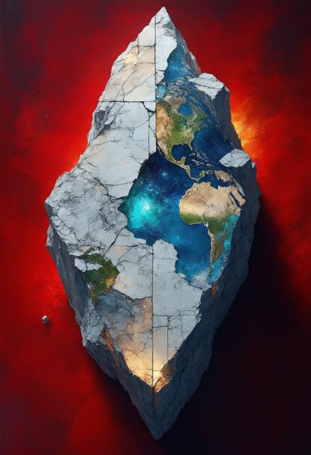 Imagine a colossal, floating iceberg shaped like a giant, ancient map, fractured into stained-glass segments. The map depicts a lost continent, also fragmented and visible within the icebergâs structure. This scene unfolds within a perpetual twilight of a distant, tidally locked planet orbiting a red dwarf star. The star's weak, crimson light casts long, dramatic shadows across the icebergâs surface and illuminates the fragmented map within. The color palette focuses on deep crimson, icy blues, and stark whites, with subtle hints of gold revealing details of the lost civilization. Blend photorealistic textures â the crystalline iceberg, the aged parchment of the map, the subtle atmospheric distortions â with the geometric forms of Cubism. The overall composition should evoke a sense of mystery, a captivating blend of exploration, loss, and an alien beauty, deeply immersed in a striking interplay of light and shadow.