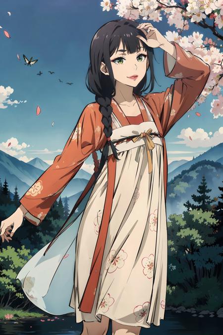 <lora:TaoYao:0.7>, cowboy shot, 1girl, twin braid,  long hair,makeup, red lips, brown eyes, <lora:tang_hanfu:0.65>,(hanfu),(chinese clothes),((floral print)),((yellow magnificent print long sleeves)),((green print see-through dress)), upper body, dancing, masterpiece, best quality, (colorful),volumatic light, ray tracing,extremely detailed CG unity 8k wallpaper,smile,((flying petal)),(Flowery meadow), sunny,sunshine, light, fantasy, windy, magic sparks, trees, lake, mountains, ((flowers)),harano,