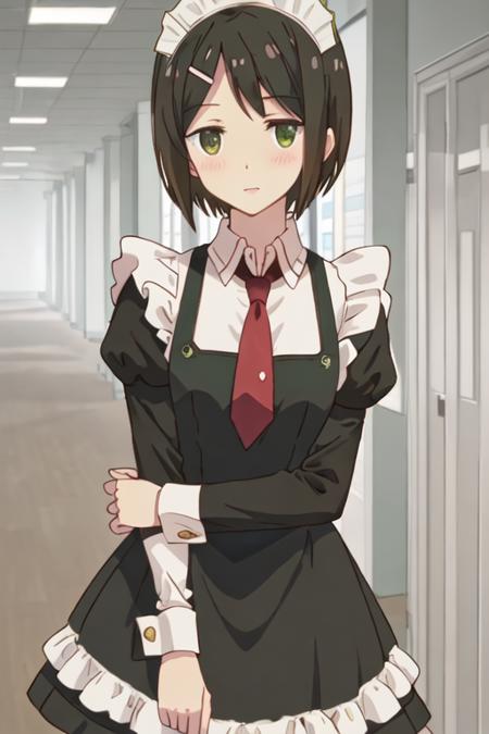 best quality, masterpiece, highres, solo, {maid:1.40}, {long maid dress:1.15}, {kaede_ikeno_sakuratrick:1.15}, short_hair, hair_ornament, hairclip, blush, black_hair, brown_hair, green_eyes, necktie