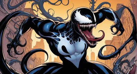 comic book art of created by J. Scott Campbell  Abbey Chase Cinematic Film stock footage in (arri alexa style) Kodak film print,   <lora:Symbiote:1> a very large venom with a big mouth symbiote style, comic art, graphic novel illustration