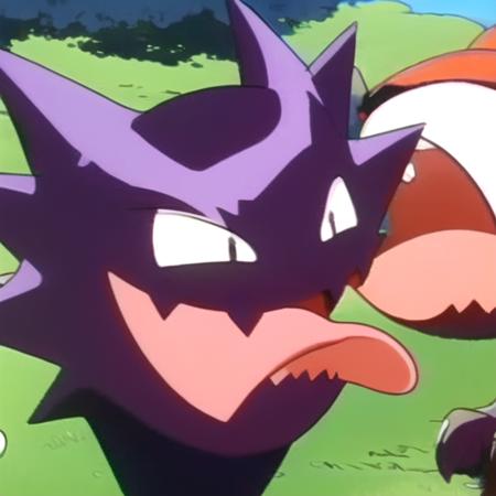 haunter, purple, solo, smile, open mouth, tongue, tongue out, laughing, ^_^, black eyes, pokemon (creature), no humans, fangs