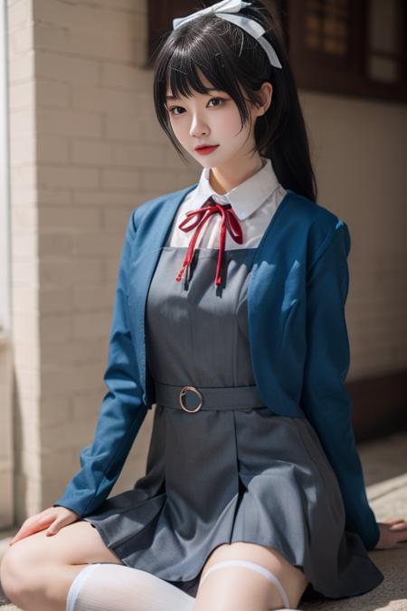 1girl, solo,hazuki ren,cosplay, black hair,long hair,high ponytail, white hair bow, blunt bangs, yuigaoka school uniform,school uniform, blue jacket, red neck ribbon, black loafers, white socks, long sleeves, white collared shirt, grey dress, open jacket, pinafore dress,