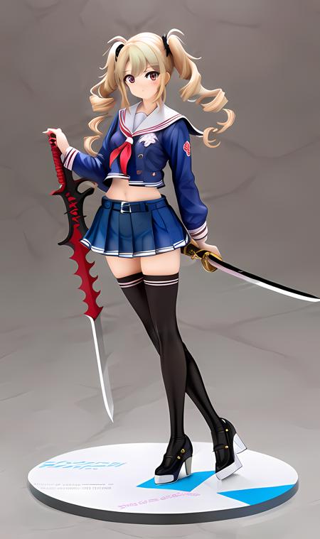 handmade style,best quality,1girl, solo, thighhighs, blonde hair, dual wielding, school uniform, weapon, skirt, midriff, zettai ryouiki, serafuku, knife, black thighhighs, navel, holding, sword, crop top, long hair, twintails, belt, high heels, full body, shoes, drill hair, pleated skirt, crossed legs,  <lora:TS_HandmadeModel_V20a:1>