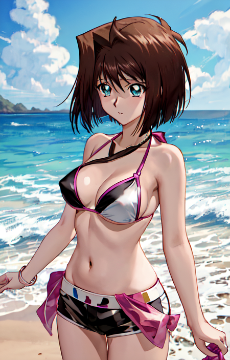 masterpiece, best quality,
anzu_yugioh, bikini top, white shorts, white boyshorts, (short shorts:1.21551), knotted shorts, short hair, beach setting, cowboy shot, front_view, finely detailed, beautiful, anime, yu-gi-oh! duel monsters, greatly detailed, 8k