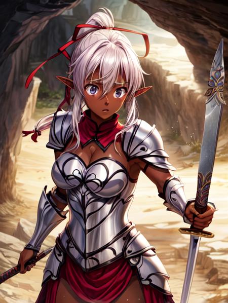 best quality, masterpiece, highres, detailed, perfect anatomy,  <lora:Detail - add_detail:0.2>, AishaU, armor, cave,  inside, scared, breastplate, skirt , <lora:AishaU-10:0.8>, dark skin, elf, ponytail, ribbon, holding sword,