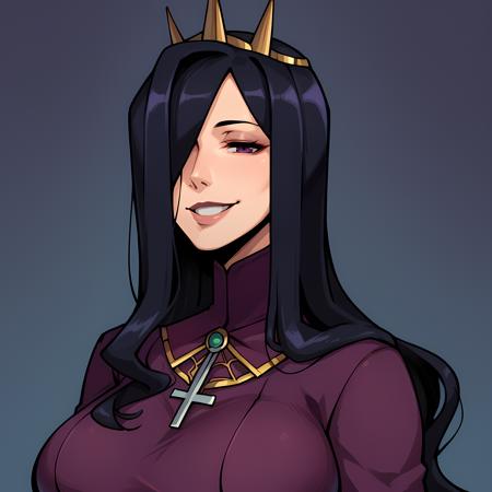 QueenNancy long hair, hair over one eye, black hair, crown, purple dress long hair, hair over one eye,red eyes, grey hair, bone crown,torn purple dress,black lipstick,