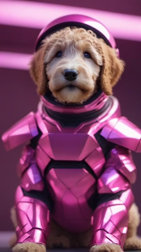 A goldendoodle puppy in a pink scifi suit