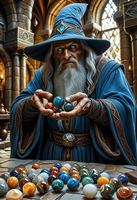 aidmamj6.1, wizard grabbing a handful of marbles, fantasy building interior, detailed background, Detailed face, detailed eyes, perfect eyes, absurdres, high quality, masterpiece, very aesthetic