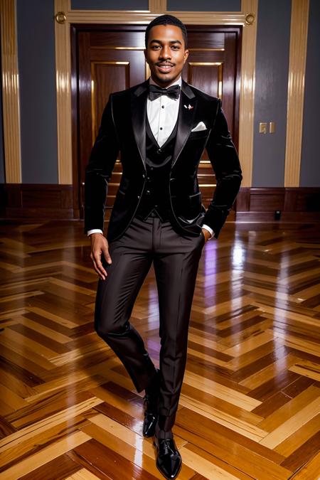 in a ballroom, hardwood parquet floor, elegant, SeanXavier, wearing (formal black tie attire), dapper, socks, smiling, masterpiece, (((full body portrait))), full body shot, wide angle  <lora:SeanXavier-000005:0.8>