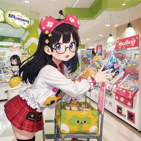 best quality, ultra-detailed, illustration,
1girl,solo, black hair, medium hair, glasses, 
idol style, cute clothing, bright colors, playful patterns, ruffled skirts, knee-high socks, kawaii accessories, youthful designs,
MollyFantasy, scenery, shop, poster (object), chair, indoors, 
 <lora:MollyFantasy_SD15_V1:0.8>