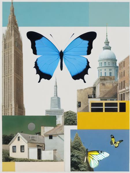 <lora:RobertRauschenberg:1>a collage of a building with a butterfly and a butterfly sitting on top of it by Robert Rauschenberg