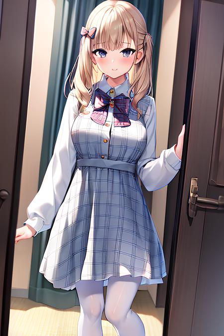 Amavelgerydress,1girl,full body, naughty face, large breasts, 
Best quality, masterpiece, ultra high res, RAW photo,masterpiece, best quality, delicate face, (narrow waist:1.2),
dress, long sleeves, bow, frills, (plaid dress:1.5), sleeves past wrists, white bowtie, standing, plaid,grey dress, white bow,(white pantyhose:1.2), footwear, pearl  button
outdoors, 
,<lora:AmavelgerydressV1.0:0.8>