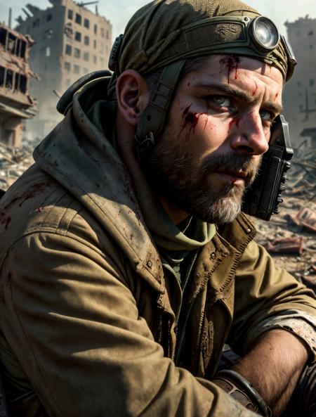 (post apocalyptic man) ,wearing  post apocalyptic clothes ,(destroyed city after nuclear blast),warzone, (post apocalyptic), looking down a hill, spicked necklance, holding a gun, sitting on a dieselpunk car, covered in blood, horror
BREAK
(masterpiece, best quality, ultra realistic, 4k, 2k, (intricate, high detail:1.2), film photography, soft focus,
RAW photo, photorealistic, analog style, subsurface scattering, photorealism, absurd res), ((closeup))