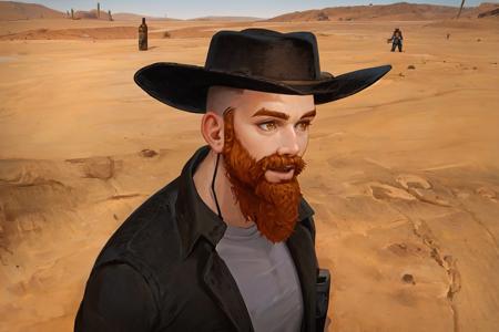 1boy, solo, handsome man, ginger beard, cowboy hat,  illustration, drawing, professional, defined shadows, accurate figure, easthetically pleasing, correct hands, post apocalyptic, desert wasteland background, best quality, portrait, (masterpiece, top quality, best quality), trending on artstation, artstation,  <lora:cragsand:0.70>, looking at you, portrait