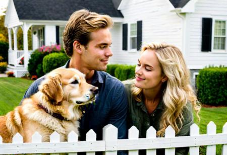 two people sharing a quiet moment, middle-class, she is blonde, he is handsome, golden retriever, white picket fence, 1 story house with gable roofs, perhaps in an embrace or a meaningful gaze. Convey the depth of their connection without the distraction of color.