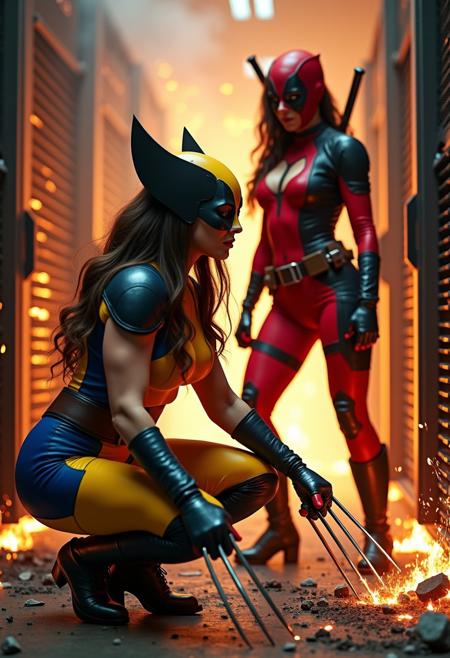 In this image, two naturally very busty supermodel women dressed in superhero costumes are engaged in a dynamic and intense scene inside a burning server room. The environment is chaotic, with large servers toppled over and engulfed in flames, sending sparks and smoke into the air. The remnants of the servers lie scattered around, their once-gleaming metal now charred and twisted from the heat and destruction.
The woman on the left is clad in a bright yellow and blue suit, with metallic claws extended from her fists, reminiscent of a Wolverine-like character. Her long, dark brown hair cascades over her shoulders as she crouches low, her expression fierce and focused. She appears to be in the midst of tearing through one of the large servers, the sparks flying from the impact of her claws against the metal.
The woman on the right, dressed in a red and black Deadpool-style suit, stands slightly behind her companion. She holds two katanas crossed behind her head in a defensive yet ready-to-strike stance, poised to fend off any threats that might emerge from the chaos. Her long blonde hair is styled in loose waves, framing a determined and intense expression as she surveys the burning room.
The setting is a stark contrast of technology and destruction, with the flames casting flickering shadows and highlighting the vivid colors of their costumes.