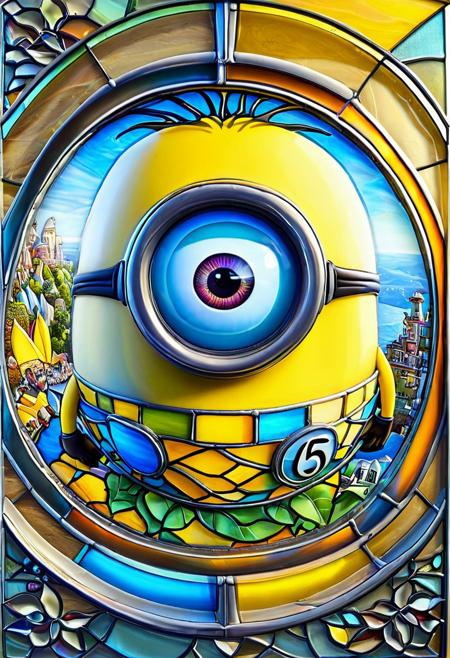 Stained glass illustration, ((novuschroma54 style)), Minion, smiling, MinionStyle, ultra-wide angle, 4mm fisheye, f1sh3y3,